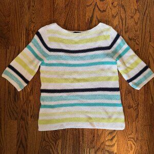 Marble Brand Striped Sweater - White with Lime, Aqua and Navy Stripes - Size XS